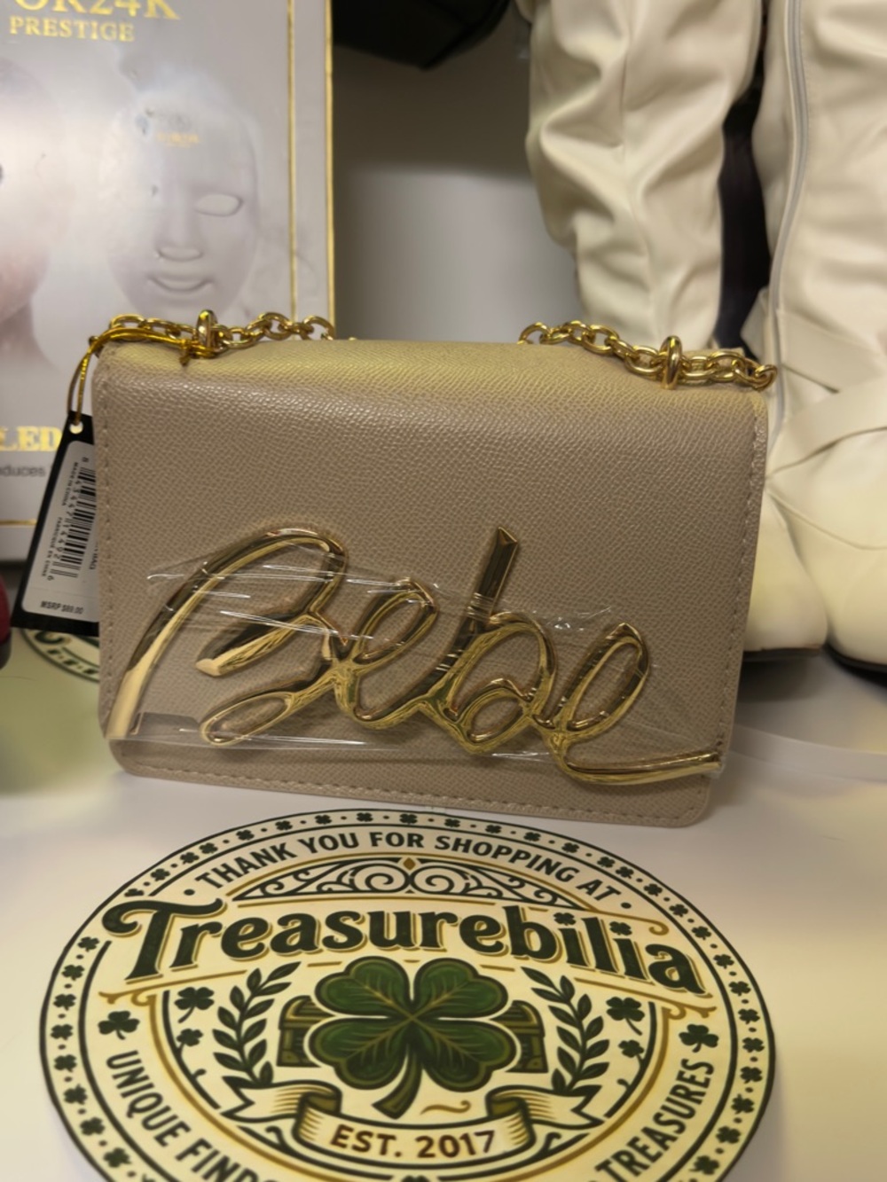 Bebe Beige Crossbody Bag with Gold Script and Chain